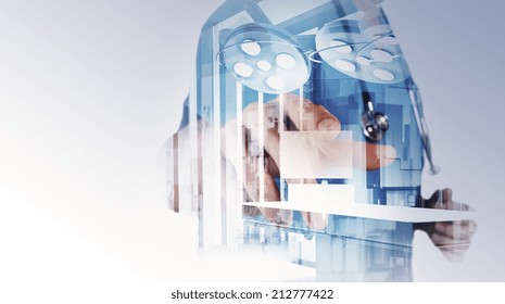 Double Exposure Of Smart Medical Doctor Working With Abstract City As Concept