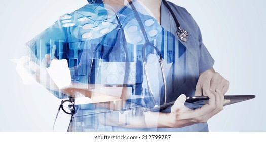 Double Exposure Of Smart Medical Doctor Working With Abstract City As Concept