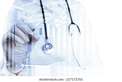 Double Exposure Of Smart Medical Doctor Working With Abstract Operating Room As Concept 