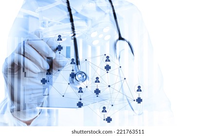 Double Exposure Of Smart Medical Doctor Drawing Network With Operating Room As Concept 