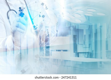 Double Exposure Of Smart Medical Doctor Drawing Network With Operating Room As Concept