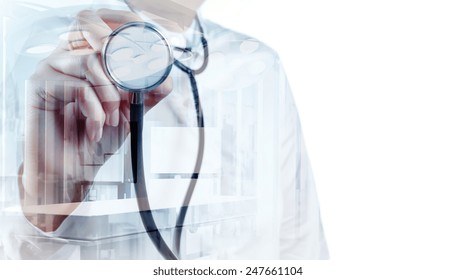 Double Exposure Of Smart Medical Doctor Working With Operating Room As Concept 