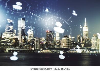 Double Exposure Of Social Network Icons Hologram On Manhattan Office Buildings Background. Networking Concept