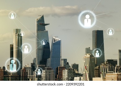 Double Exposure Of Social Network Icons Hologram On Manhattan Office Buildings Background. Networking Concept