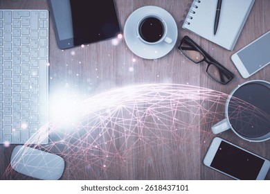 Double exposure of social network theme drawing over table with phone. Top view. People connecting concept.