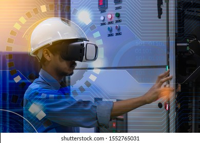 Double exposure soft focus of bearded young Engineer wearing virtual reality goggles checking and monitoring the electrical system .Control room operator.Technology and industry concept. - Powered by Shutterstock