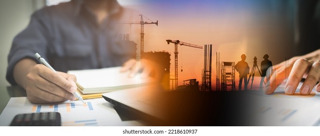 Double exposure  sSilhouette of engineer and construction team working at site with engineer designer working and heavy industry market analysis - Shutterstock ID 2218610937