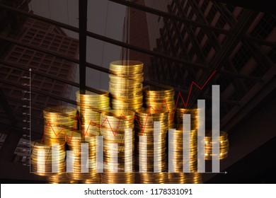 Double exposure Stack of coin with financial graph over city and office building background, business and financial concept idea.