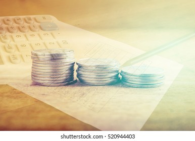 Double Exposure Stack Of Coins With Utility Bill With Calculator And Pencil, Saving Money And Account Growth Finance And Banking Business Concept