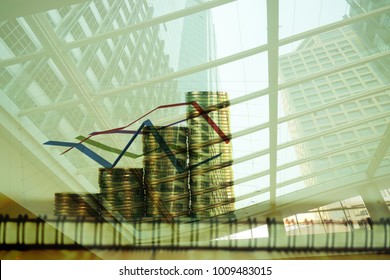 Double exposure Steps of coins stack and notebook paper with financial graph and city background, financial and business planning concept idea.