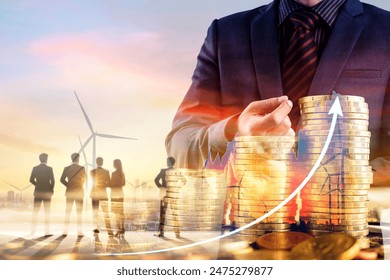 Double exposure of stock market graph and businessman with step of coin and silhouette of wind turbine. financial stock exchange marketing concept.	
 - Powered by Shutterstock