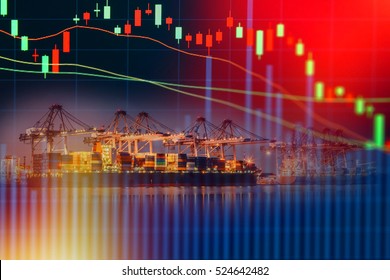 Double Exposure Of Stocks Market Chart Concept With International Container Cargo Ship In The Ocean, Freight Transportation, Shipping, Nautical Vessel