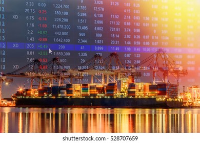 Double Exposure Of Stocks Market Chart Concept With International Container Cargo Ship In The Ocean, Freight Transportation, Shipping, Nautical Vessel