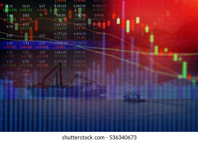 Double Exposure Of Stocks Market Chart Concept With International Container Cargo Ship In The Ocean, Freight Transportation, Shipping, Nautical Vessel