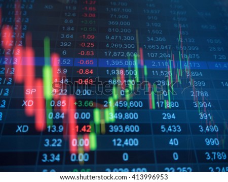 Double exposure of stocks market chart and stock data  in blue on LED display concept.