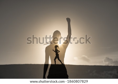 Double exposure of strong motivated woman running in the sunset. Never give up, inner strength and power concept. 