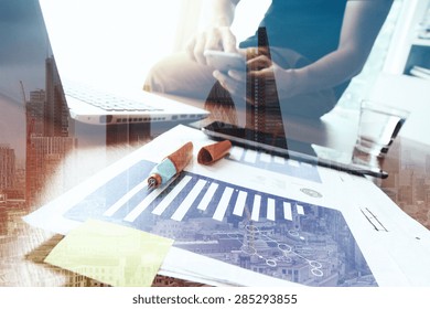 Double Exposure Of Success Businessman Using Smart Phone With Abstract Building