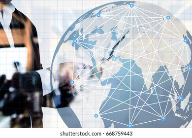 Double exposure of success businessman using tablet, Social media with telecommunication technology, background, Connected lines.
