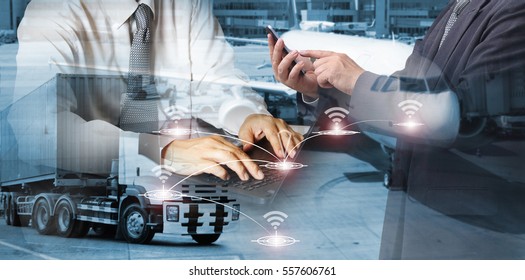 Double exposure of success businessman working in office with digital tablet laptop computer for Industrial Container Cargo freight ship for Logistic Import Export concept - Shutterstock ID 557606761