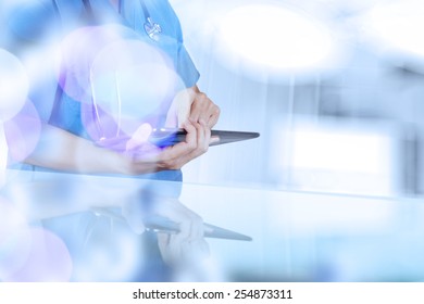 double exposure success smart medical doctor working and abstract blurry bokeh  background as concept