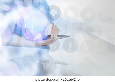 Double Exposure Of Success Smart Medical Doctor Working With Abstract Blurry Bokeh And Low Polygon  Background As Concept