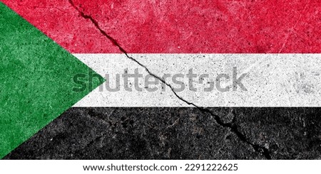 Double exposure of Sudan flag. Symbols depicting the Civil War. The civil war between Sudanese government forces and the paramilitary 
