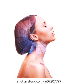 Double exposure symbolizing human and technology interaction. Young nude beautiful woman with healthy skin.