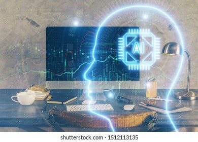 Double exposure of table with computer and brain hologram. Data innovation concept.