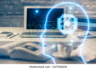 Double exposure of table with computer and brain hologram. Data innovation concept.