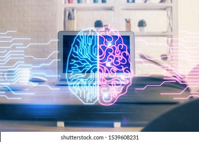 Double exposure of table with computer and brain hologram. Data innovation concept.