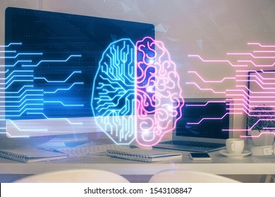 Double exposure of table with computer and brain hologram. Data innovation concept.
