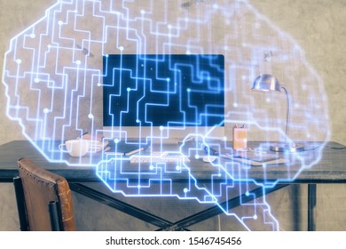 Double exposure of table with computer and brain hologram. Data innovation concept.