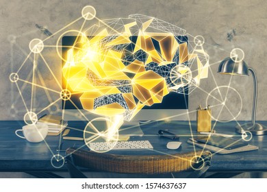 Double exposure of table with computer and brain hologram. Data innovation concept.