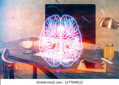 Double exposure of table with computer and brain hologram. Data innovation concept.