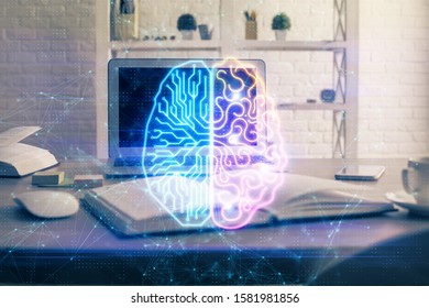 Double exposure of table with computer and brain hologram. Data innovation concept.