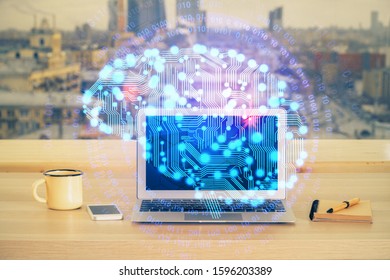 Double exposure of table with computer and brain hologram. Data innovation concept.