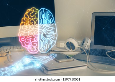 Double exposure of table with computer and brain hologram. Data innovation concept. - Powered by Shutterstock - Get 15% off with code: PIKWIZARD15