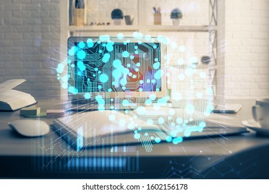 Double exposure of table with computer and brain hologram. Data innovation concept.