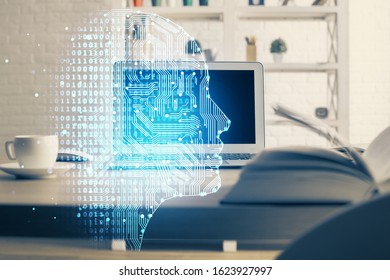 Double exposure of table with computer and brain hologram. Data innovation concept.