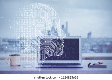 Double exposure of table with computer and brain hologram. Data innovation concept.
