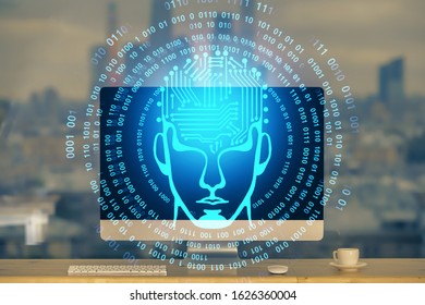 Double exposure of table with computer and brain hologram. Data innovation concept.