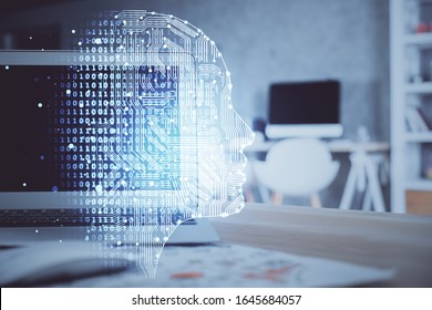 Double exposure of table with computer and brain hologram. Data innovation concept.