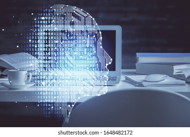 Double exposure of table with computer and brain hologram. Data innovation concept.
