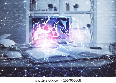 Double exposure of table with computer and brain hologram. Data innovation concept.