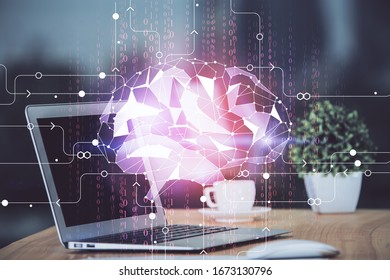 Double exposure of table with computer and brain hologram. Data innovation concept.