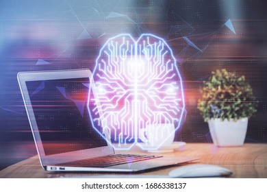 Double exposure of table with computer and brain hologram. Data innovation concept.