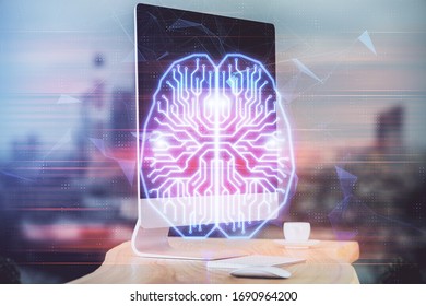 Double exposure of table with computer and brain hologram. Data innovation concept.