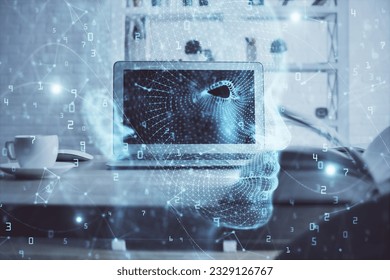 Double exposure of table with computer and brain hologram. Data innovation concept.