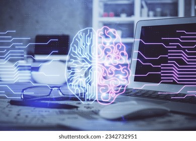 Double exposure of table with computer and brain hologram. Data innovation concept.