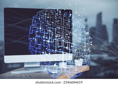Double exposure of table with computer and brain hologram. Data innovation concept.